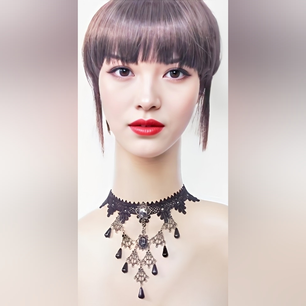 Gothic Black Lace Choker Necklace Teardrop Dangles Victorian Punk OS